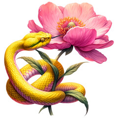 Yellow boa around pink flower, watercolour illustration