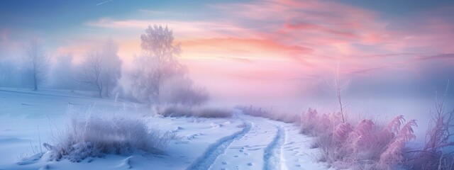 Beautiful fantastic sky background of sunrise over snowy countryside landscape in winter snowy landscape. Landscape concept suitable for nature and winter scenery.