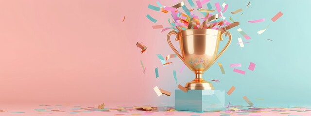 Gold championship trophy cup with festive multicolored flying confetti on flat pink color. Cute 3D icon in a cartoon plastic style in pastel colors. 3d rendering illustration imitation. - obrazy, fototapety, plakaty