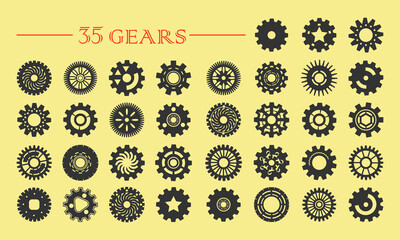 Thirty-five gears in various design interpretations. Images, icons. Vector set