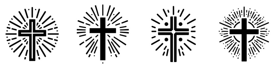 Christian cross icon. Set of black symbols of Christian cross with sun rays. Religious symbol.