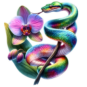 Rainbow boa with exotic orchid flower