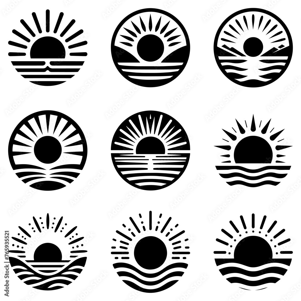 Poster Sunrise black icons set. Sunrise or sunset icon on white background.