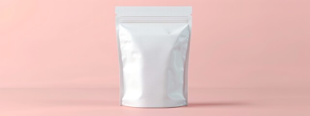 Mockup of an empty paper white bag with zip closure isolated on a flat pastel background with copy space. Packaging template for product design.