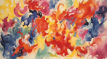 Fiery watercolor background with abstract red, yellow, and blue shapes
