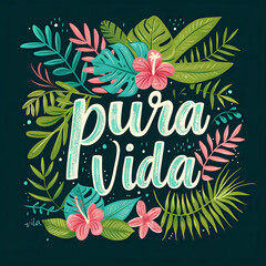 "pura vida" Costa Rica pure life quote, positive life affirmation illustration, calligraphy art, tropical