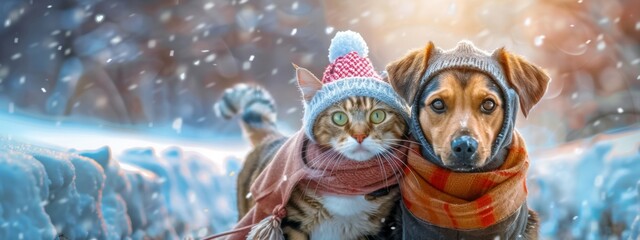 A cute puppy and cat in cozy winter clothes walks in a snowy winter park. Clothed pet in a cold environment. Christmas background. Caring for animals in winter.