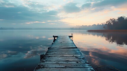 Wooden jetty on a lake at sunrise in the morning.