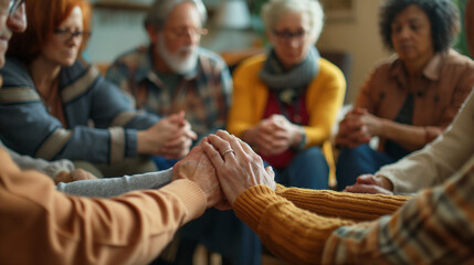Supportive Community Circle: Photorealistic Image of Diverse Faces Joining Hands in Hopeful Support Group, Expressing Determination to Overcome Addiction in Community Center Setting.