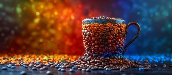 Dynamic Coffee Beans Pouring into Cup with Colorful Backdrop - Creative Food Concept AI-Generated