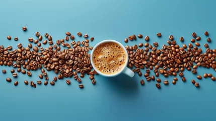 Gartenposter Top-Down View of a Frothy Espresso in a White Cup Surrounded by Roasted Coffee Beans on Blue Background, Generative AI © FUTURESEND