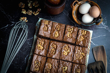 Pieces of fresh brownie. Delicious chocolate pie.
