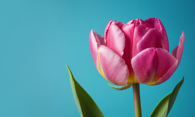Close-up of a pink pion tulip on a flat blue background for a banner, flyer, poster, postcard with copy space.