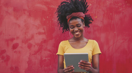 Beautiful modern woman smiling at camera and using a tablet in her hands.