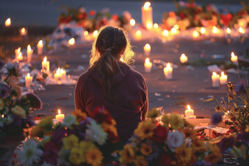 schoolgirl crying over school memorial dedicated to the victims of the school shooting
