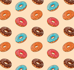 Cute seamless pattern with various colorful cartoon doughnuts. Vector donuts pattern, background, wallpaper, texture, print design. Cute sweet food snack set pattern design