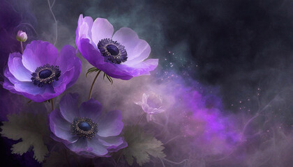 Tapeta w fioletowe kwiaty,  pastelowy zawilec, wzór kwiatowy, puste miejsce na tekst, kartka na życzenia - obrazy, fototapety, plakaty