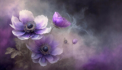 Tapeta w fioletowe kwiaty,  pastelowy zawilec, wzór kwiatowy, puste miejsce na tekst, kartka na życzenia - obrazy, fototapety, plakaty
