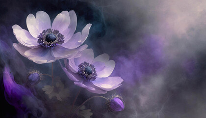 Tapeta w fioletowe kwiaty,  pastelowy zawilec, wzór kwiatowy, puste miejsce na tekst, kartka na życzenia
