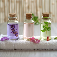 Obraz na płótnie Canvas Bottles with lavender, mint and rose oils stand on a towel against a light background. The bottles are closed with natural cork.