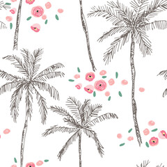 Palm trees, pink flowers, white background. Vector floral seamless pattern. Tropical illustration. Exotic plants. Summer beach design. Paradise nature