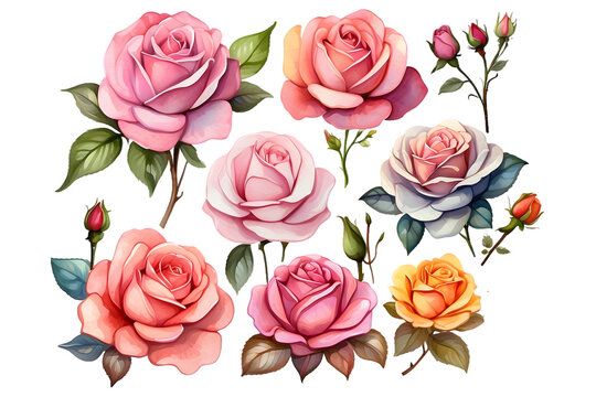 a set of watercolor-style flower clipart featuring classic varieties like tea roses, hybrid roses, and garden roses, perfect for elegant invitations and stationery