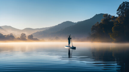 Person stand-up paddle boarding on a serene misty lake at dawn with mountain scenery.