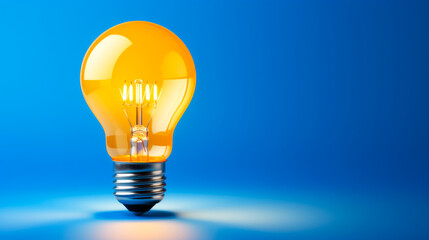 Illuminated yellow light bulb against a blue background symbolizing creativity and inspiration.