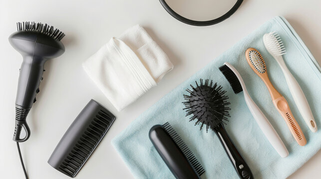 Hair tools are elegantly arranged on a white background, embodying the concept of beauty and hairdressing. This composition features a hairdryer, brushes, a mirror, and a towel.
