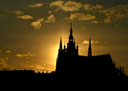 Cathedral of St. Vitus, Wenceslas and Adalbert at sunset. . Prague Castle in the Czech Republic. 