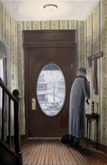 Vintage 1920s scene of a man in his front porch getting dressed up to go outside on a snowy winter day.