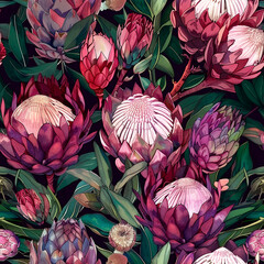 Purple, pink and red proteas are in bloom. Dark beads accentuate the flowers. The flowers are of different sizes. Botanical watercolour, seamless pattern. - obrazy, fototapety, plakaty