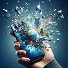 Ai generated image of smart phone exploded with social media icon all use in marketing, and earth or world, for this image use in marketing, social media advertising, designs, ai generated images
 - obrazy, fototapety, plakaty