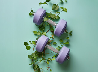 dumbbells with a plant with green leaves, losing weight before summer, sports in spring