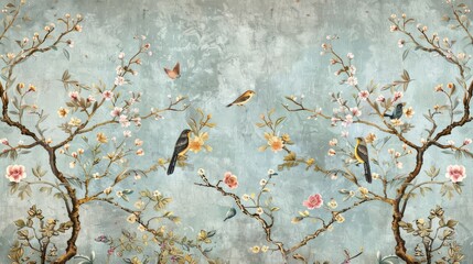 Chinoiserie wallpaper landscape wall mural. Home and office decoration. Birds, trees and flowers. Hand Drawn Design. Luxury turquoise color.
