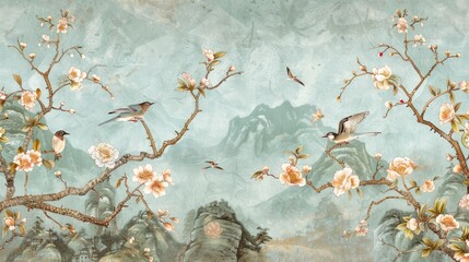 Chinoiserie wallpaper landscape wall mural. Home and office decoration. Birds, trees and flowers. Hand Drawn Design. Luxury turquoise color.