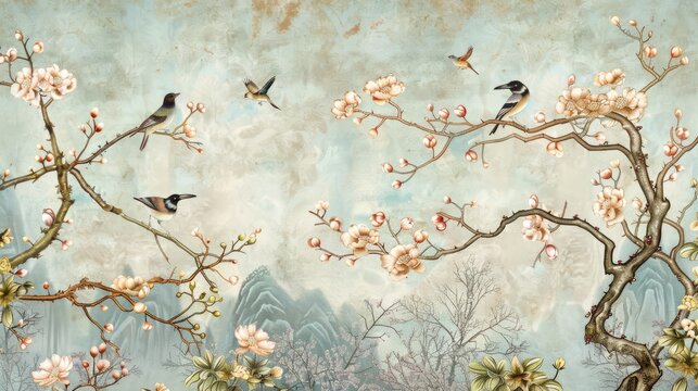 Chinoiserie wallpaper landscape wall mural. Home and office decoration. Birds, trees and flowers. Hand Drawn Design. Luxury turquoise color.
