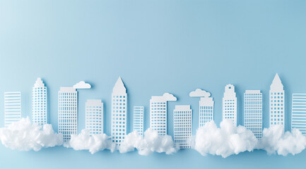 Fototapeta premium White paper cityscape with buildings and clouds on light blue background, flat lay. Concept of urban life or ecofriendly living. Flat lay. White paper cityscape with buildings and clouds on light blue