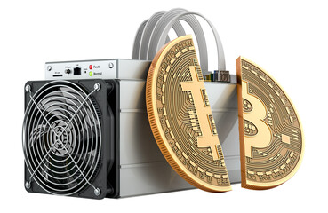 ASIC miner with bitcoin cut in half. Bitcoin halving, concept. 3D rendering isolated on transparent background - 765939720