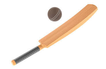 Cricket ball with cricket bat, 3D rendering isolated on transparent background