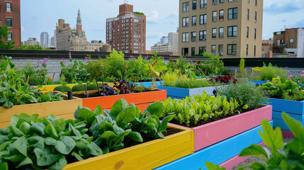 Vibrant Community Garden Plots with Raised Beds in Urban Setting