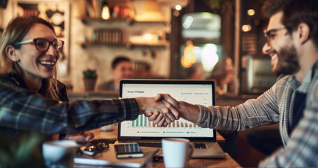 image of a medium shot in a cozy café. Two young entrepreneurs are shaking hands over a laptop, with a visible graph on the screen showing upward growth.  - Powered by Adobe