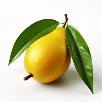 a yellow fruit with green leaves