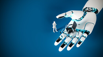 Robot hand holding wheelchair for humans on blue background with copy space. Ai makes people...