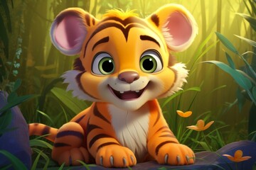 Little cute cartoon tiger cub with flowers at forest