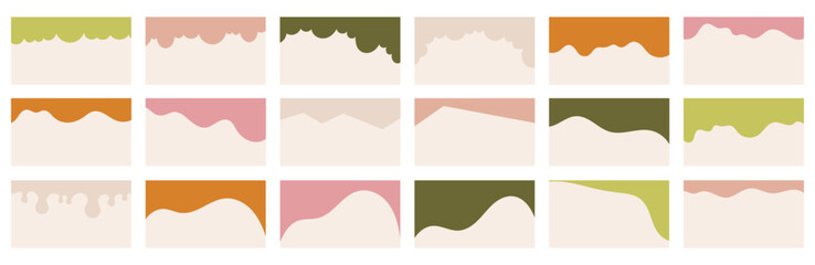 Compilation of assorted shapes for web page headers or footers in modern organic boho colors palette. Design template serving as a separator on a landing page. Headline in vector flat style.