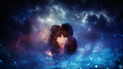 Obraz na płótnie Canvas Couple embracing intimately amid glowing waves. Erotic dreams