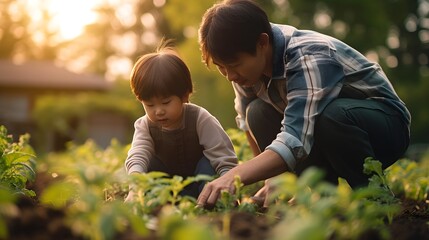 Dad teaching his son how to plant and care vegetable garden. - obrazy, fototapety, plakaty