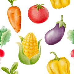 Hand drawn watercolor vegetable seamless pattern. Vegetable background with carrot, tomato, radish, corn, eggplant, pepper. 
