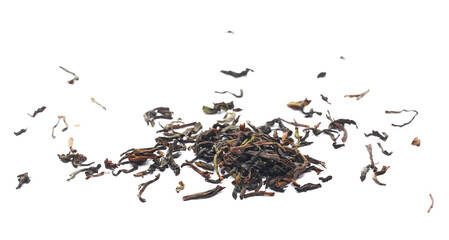 Heap Darjeeling Tea dried tea leaves isolated on white, close up, side view 